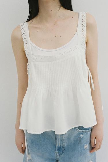 EMBROIDERED TIE TOP - Oyster-white by Zara