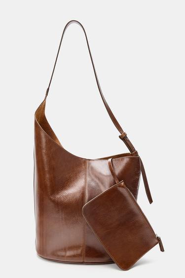 ASYMMETRIC LEATHER BUCKET BAG - Brown by Zara