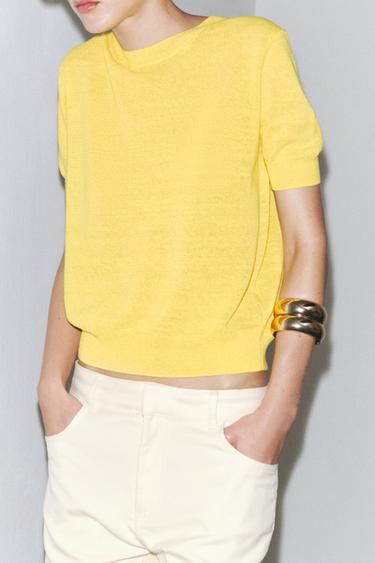 SHORT SLEEVE KNIT LINEN BLEND TOP - Yellow by Zara - Image 0