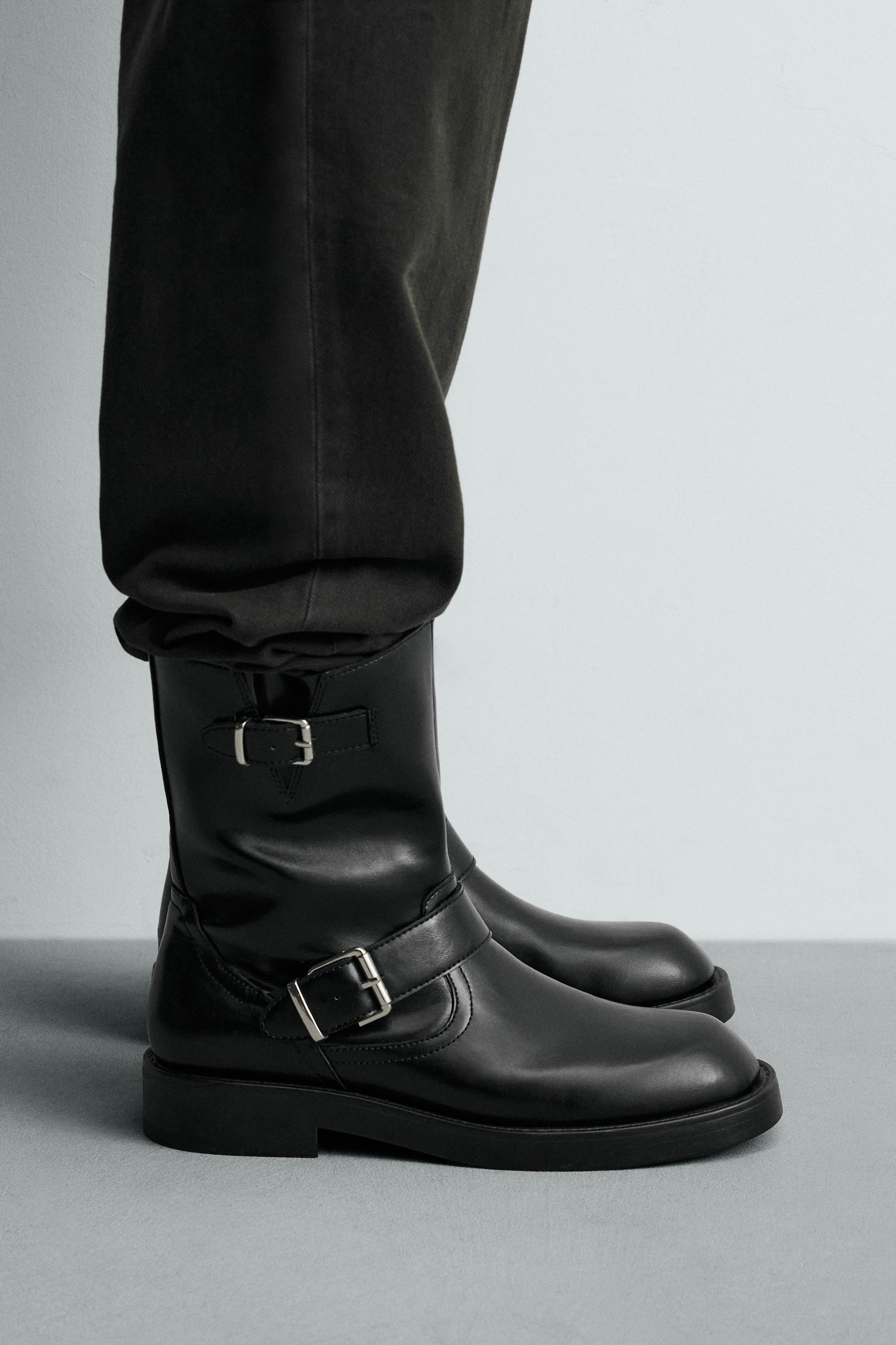 【新品未使用】入手困難 完売品✨ZARA ワイドヒールバックルブーツ 38 限定版 XLレザーハイヒールブーツ - ブラック | ZARA Japan / 日本