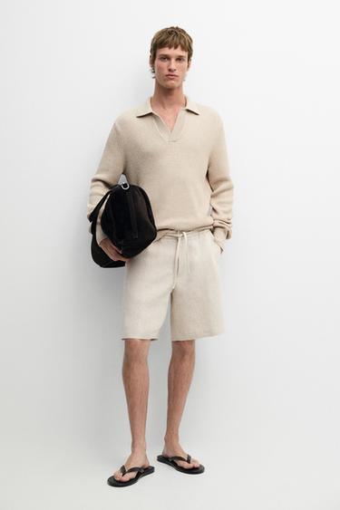 Zara Linen Bermuda shorts with elasticated waistband - Ecru - Image 0