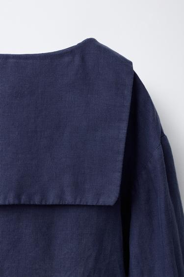 100% LINEN PETER PAN COLLAR SHIRT - Blue by Zara - Image 3
