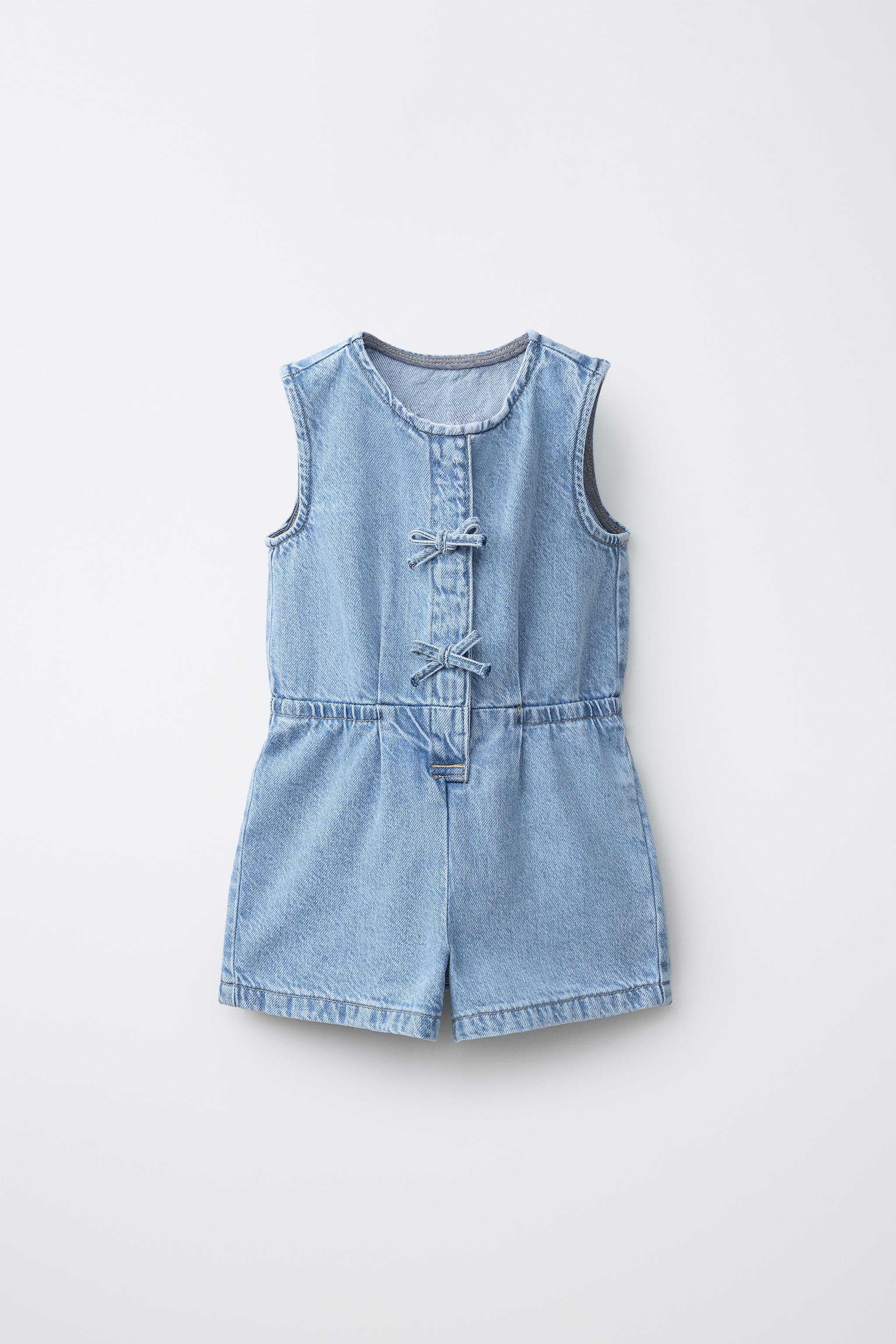SHORT DENIM JUMPSUIT WITH BOWS — Light blue