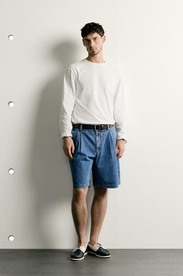 PLEATED REGULAR FIT DENIM BERMUDA SHORTS - Mid-blue by Zara