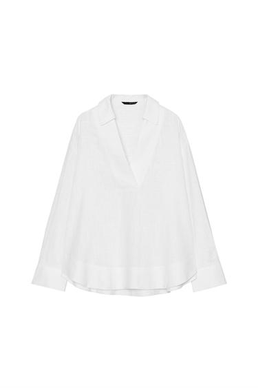 بلوزة كتان بياقة بولو - أبيض الخاص بـ Zara