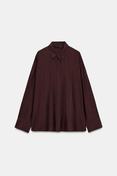 ZW COLLECTION SOLID BIB-FRONT SHIRT — Eggplant 1