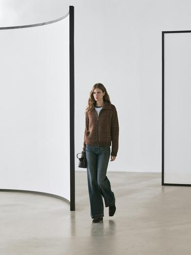 Zara Check knit alpaca and felt texture cardigan - Brown