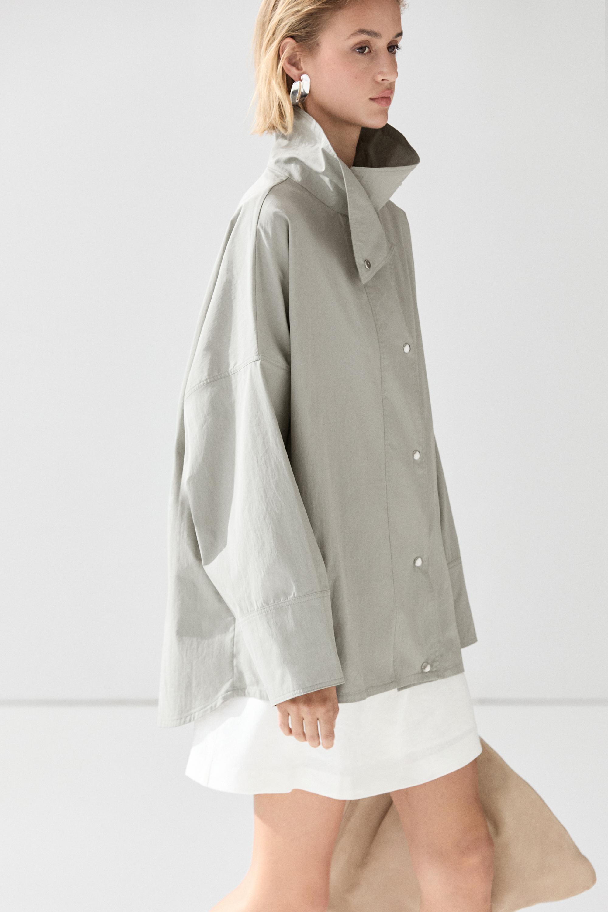 Cotton blend high neck jacket — Blue gray