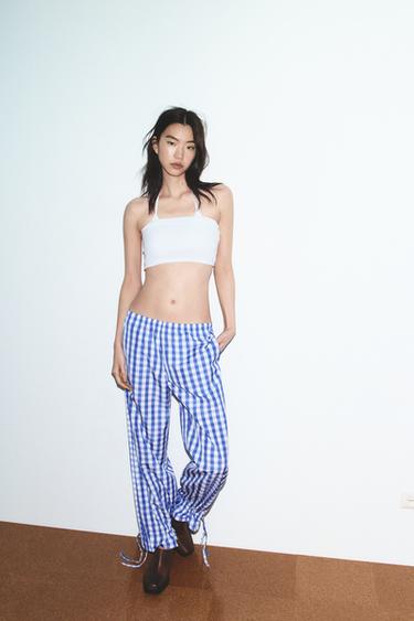 بنطلون نايلون بنقشة مربعات فيشي - أزرق / أبيض الخاص بـ Zara