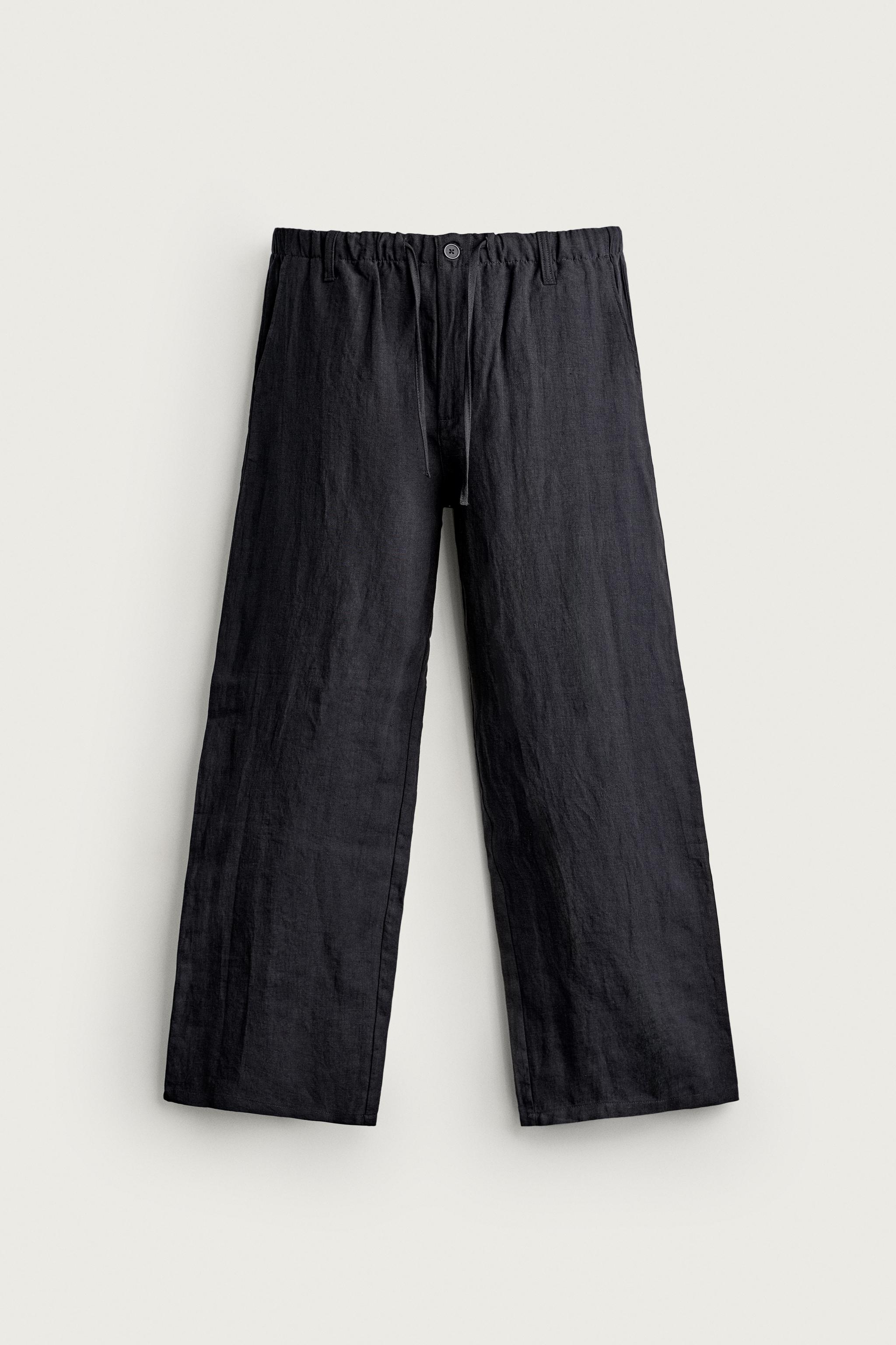 100% LINEN RELAXED FIT PANTS — Dark navy