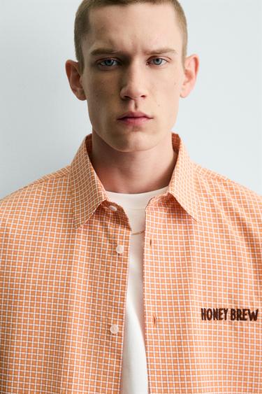 CAMISA DE QUADRES BRODAT COMBINAT - blanc-taronja de Zara