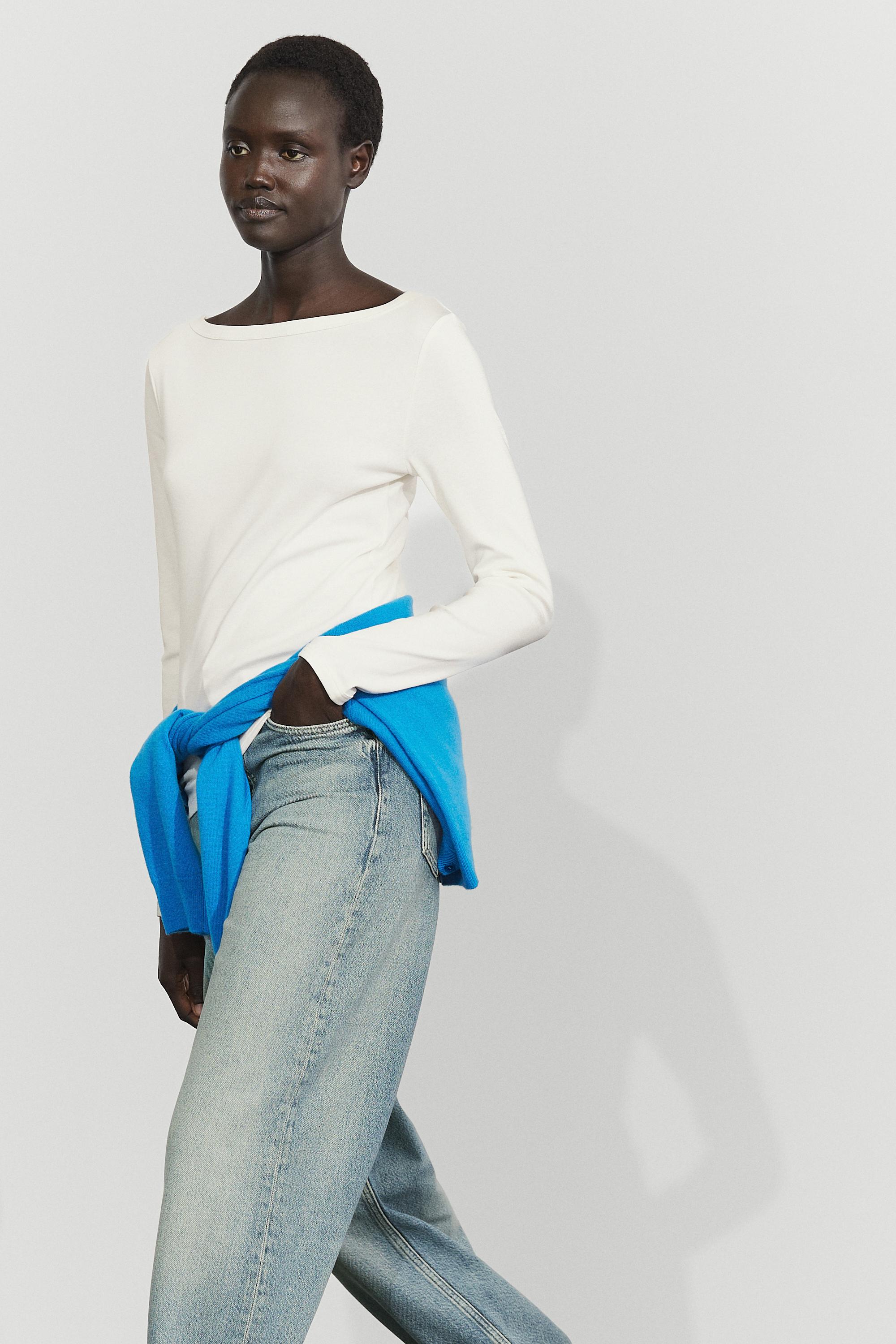 Long Sleeve Boat Neck T-shirt — Ecru