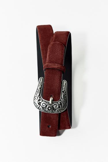 LEATHER BELT WITH ENGRAVED BUCKLE - Burgundy by Zara