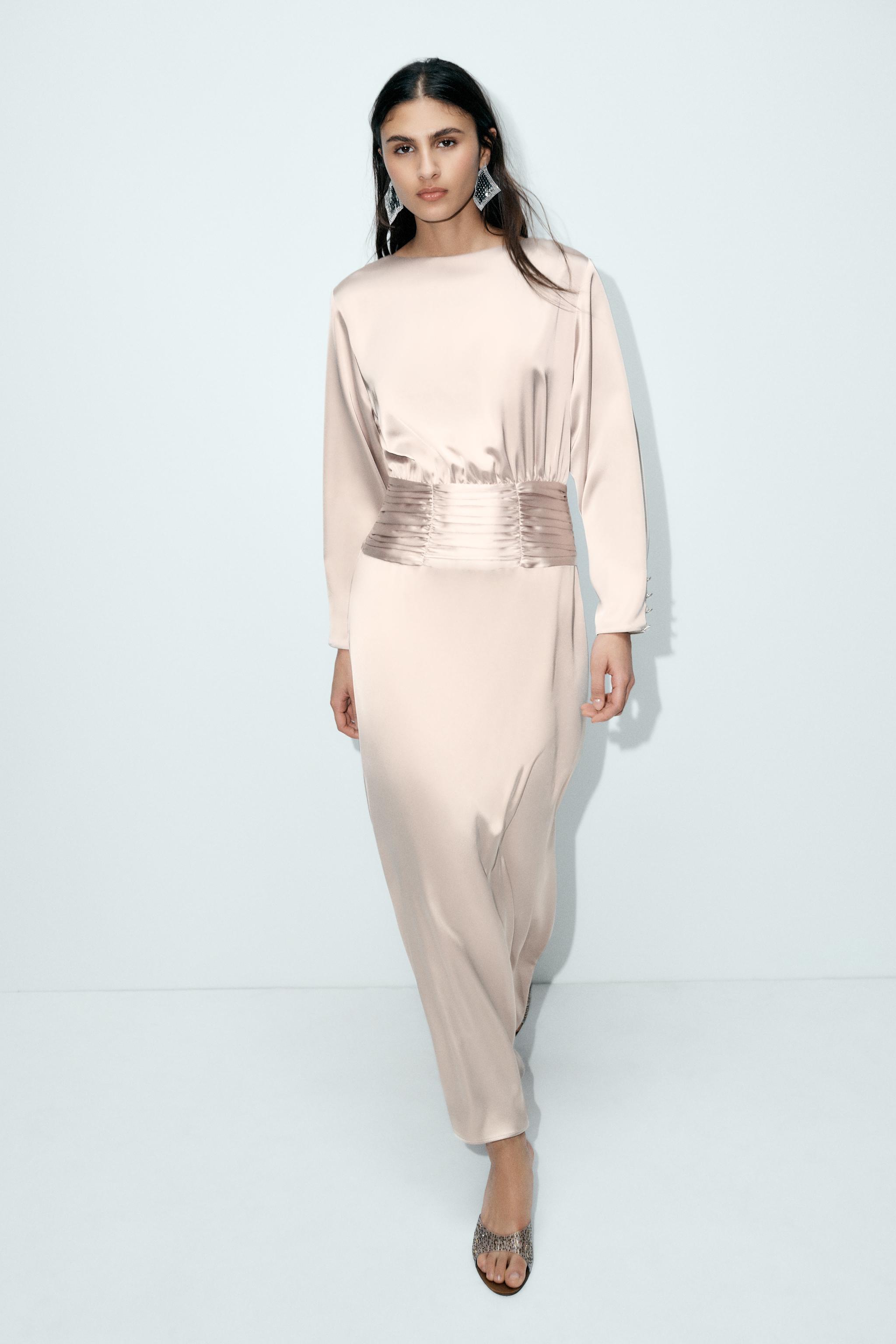 knee length dresses for ladies Zara Deep Grey Premium Satin Effect Midi Dress With Long Sleeves