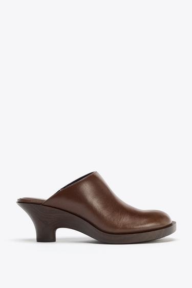 LEATHER HEELED CLOGS - Brown by Zara