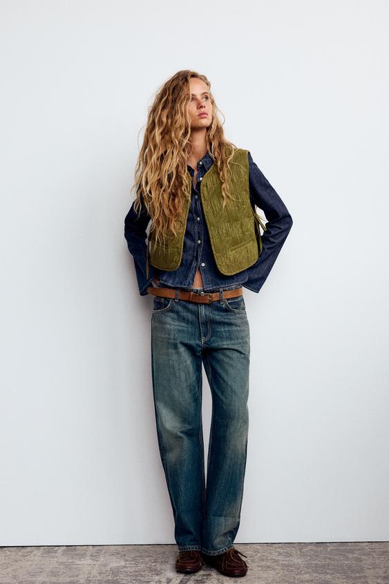 QUILTED GILET WITH TIE DETAIL Olive green ZARA United Kingdom