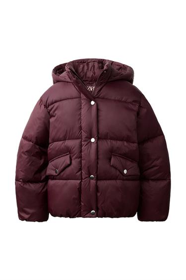 WATER-REPELLENT HOODED PUFFER COAT - Burgundy by Zara