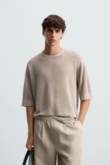 100% LINEN KNIT T-SHIRT - Light beige by Zara