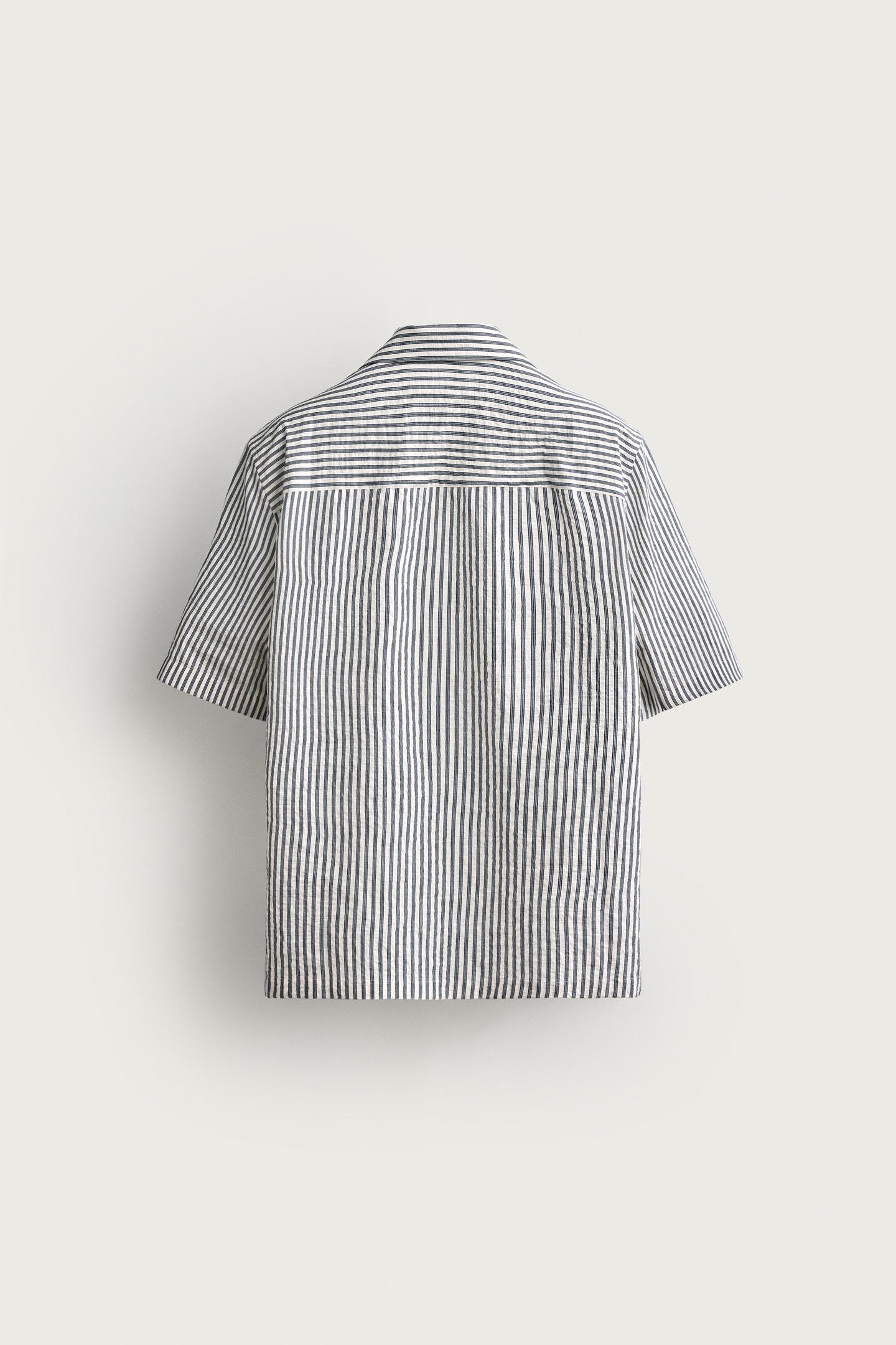 Мужская рубашка Zara Regular Fit Seersucker, цвет: Тёмно-синий / Белый — фото 7