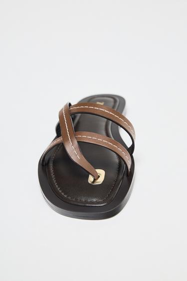 FLAT LEATHER STRAPPY SANDALS - Brown by Zara - Image 2