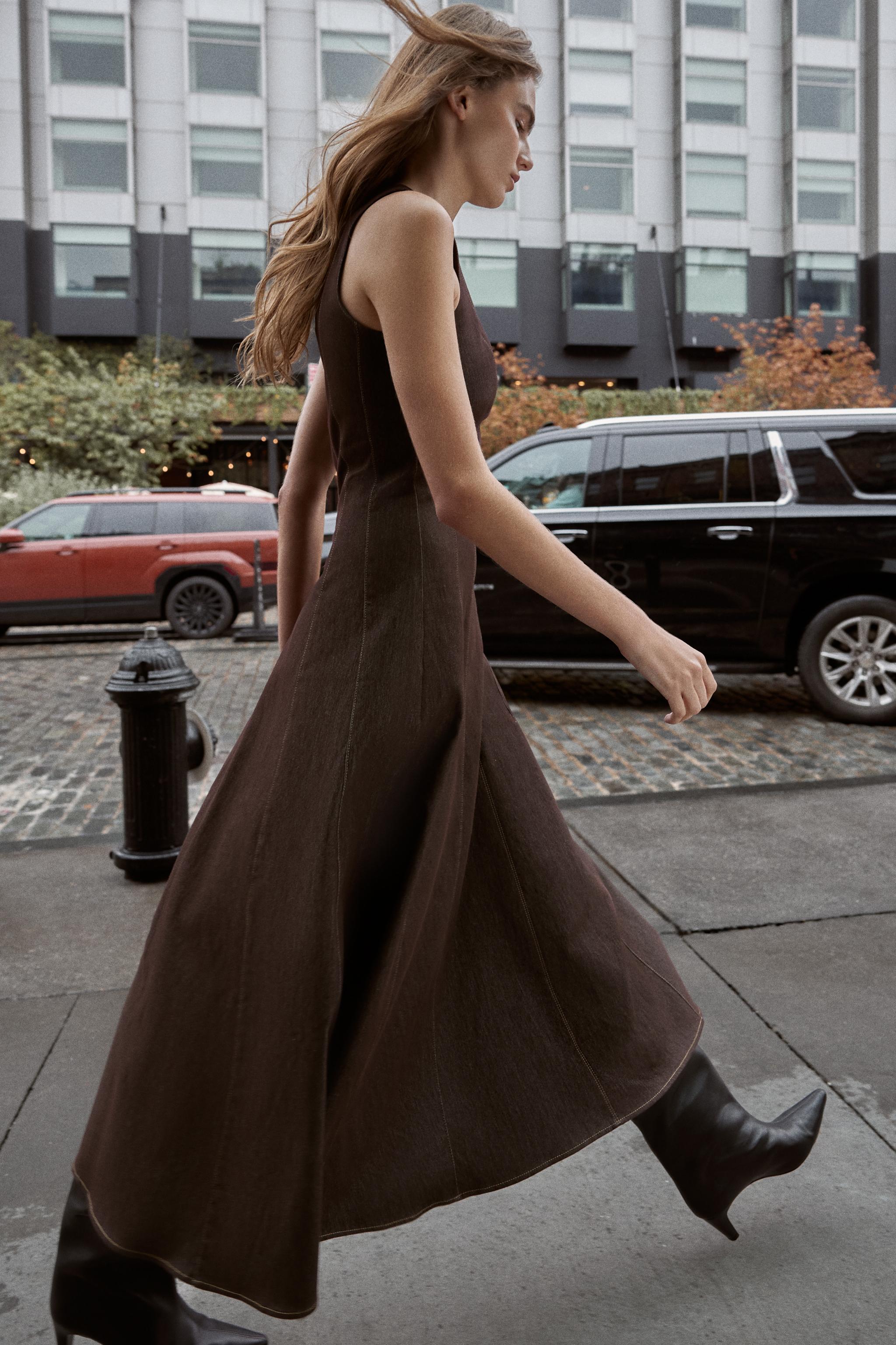 コントラストステッチ入りミディワンピース - ブラウン | ZARA