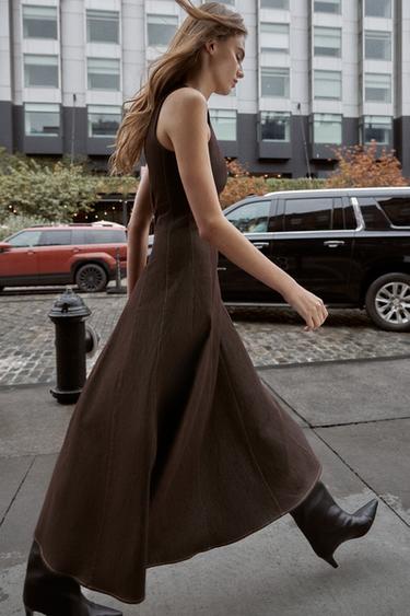 ROBE MIDI À SURPIQÛRES CONTRASTANTES - Marron de Zara - Image 2