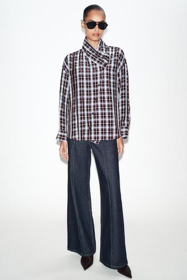 CAMISA CRUZADA CADROS - Marrón-Azul de Zara