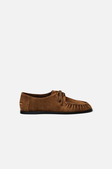 SOFT SPLIT SUEDE LACE-UP LOAFERS - Brown by Zara