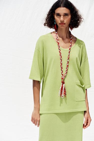 OVERSIZE KNIT SHORT SLEEVE TOP - Green by Zara