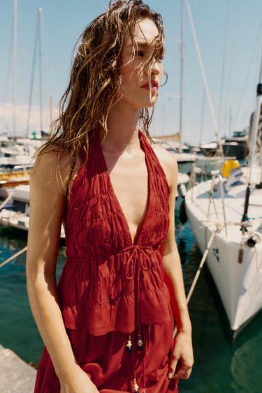 HALTER TOP WITH GATHERING AND LINEN BLEND - Burgundy by Zara
