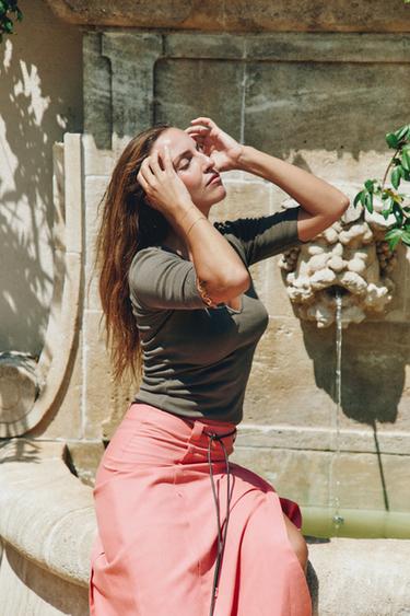 LINEN BLEND MIDI SKIRT WITH BELT - MARSALA by Zara - Image 1