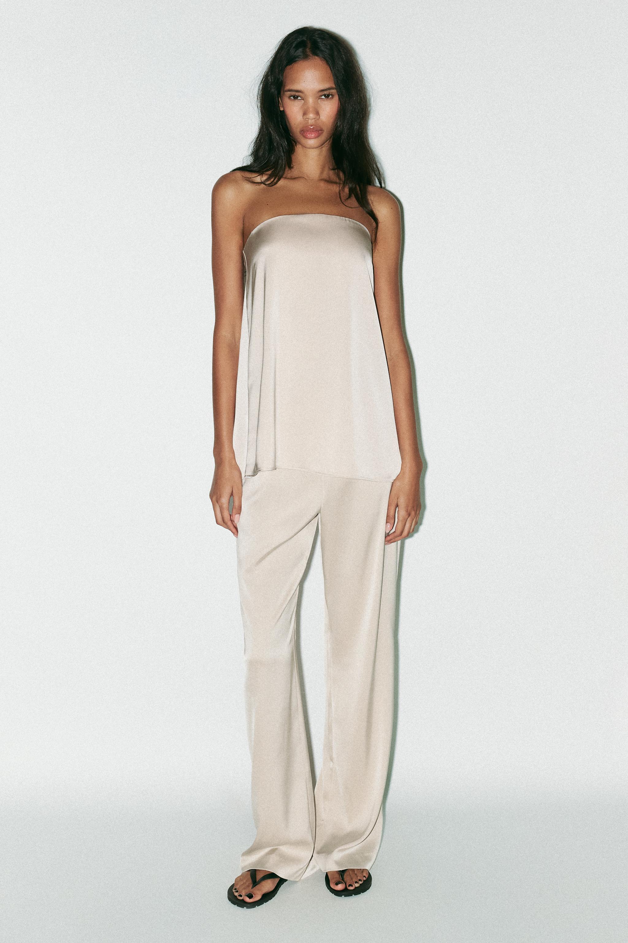 SATIN BANDEAU TOP Brown Ecru ZARA India