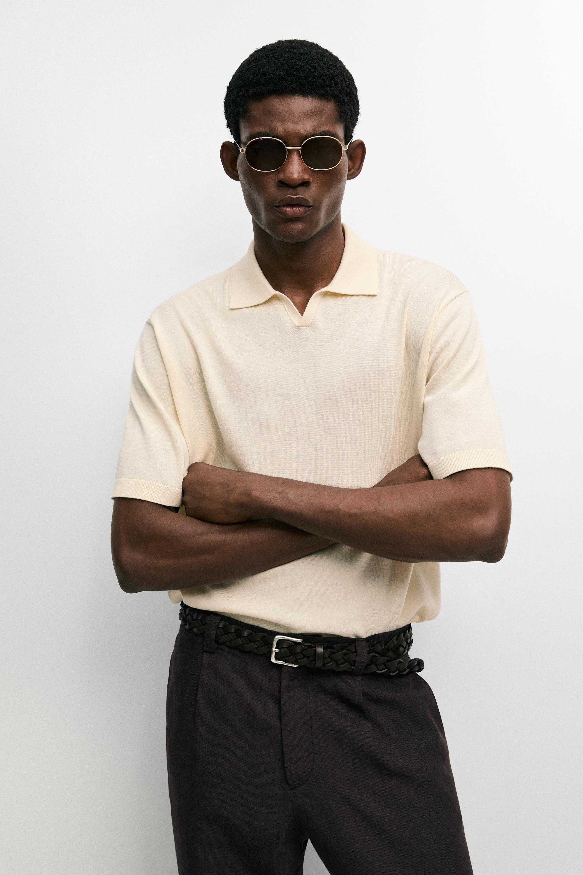 100% cotton V-neck knit polo — Ecru