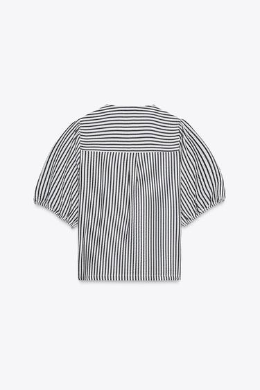 BLOUSE À LACETS AVEC LIN - Écru / Bleu marine de Zara - Image 2