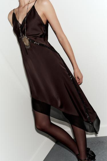 Zara ASYMMETRIC SATIN EFFECT MIDI DRESS - Brown