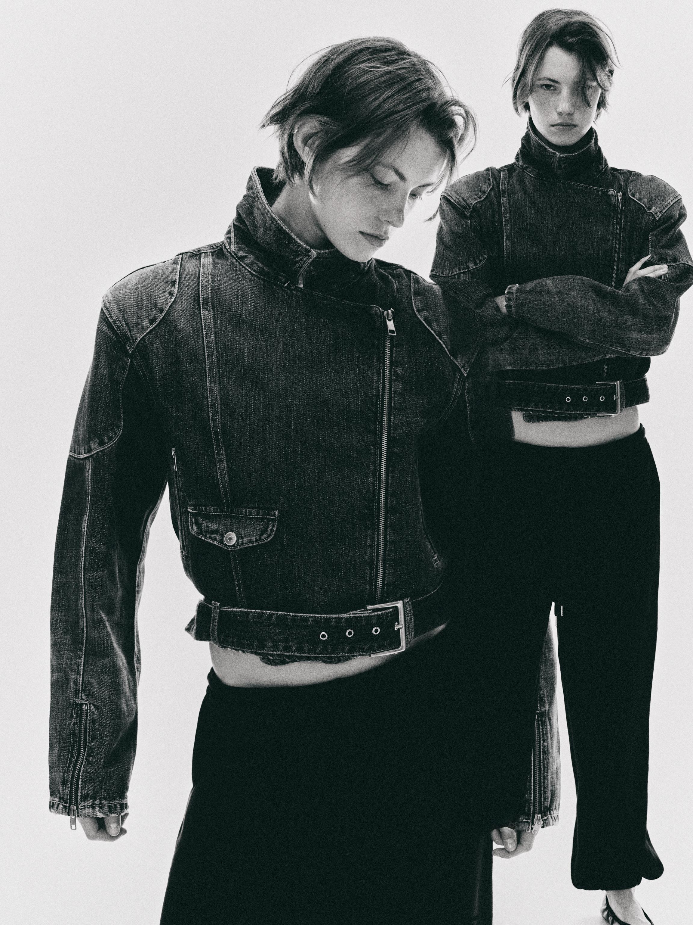 TRF DENIM BIKER JACKET WITH BELT — Blue