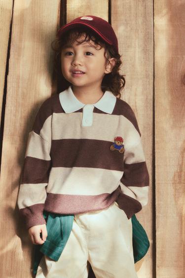 Zara 條紋熊熊貼布針織 POLO 衫 - 裸色 / 棕色