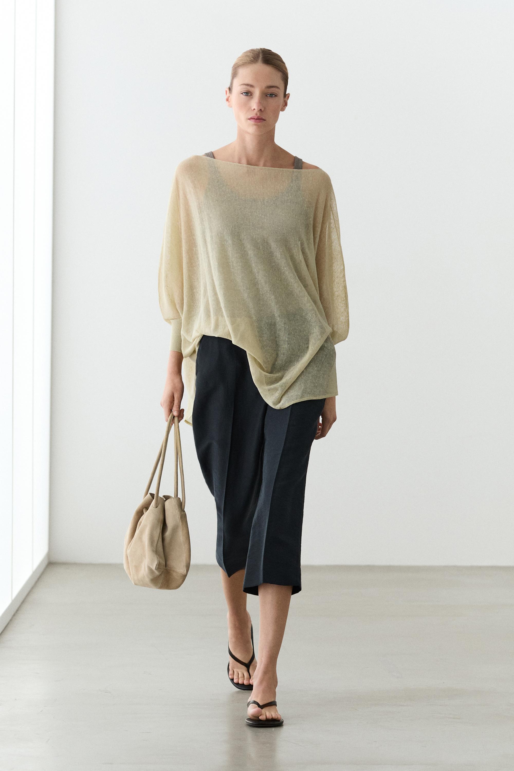 Linen blend flowing cape-style sweater — Sand