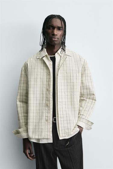 Zara TEXTURED PLAID OVERSHIRT - Oyster-white