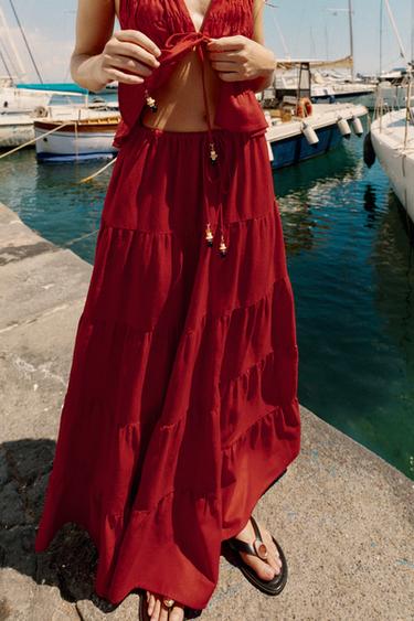 GATHERED LINEN BLEND MIDI SKIRT - Burgundy by Zara