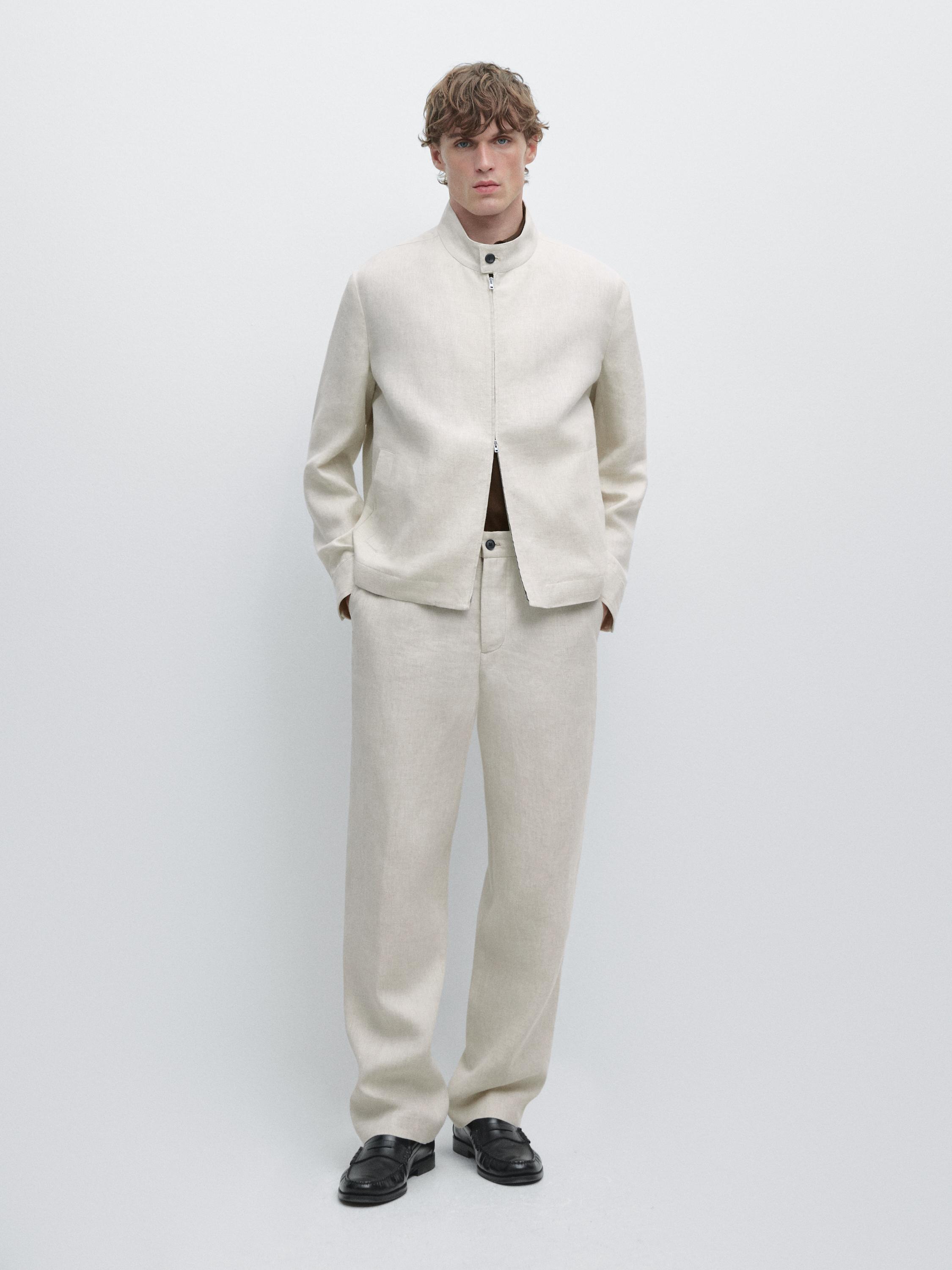 Short linen jacket with herringbone detail