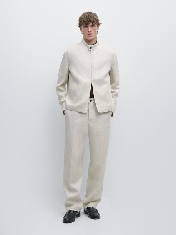 Short linen jacket with herringbone detail