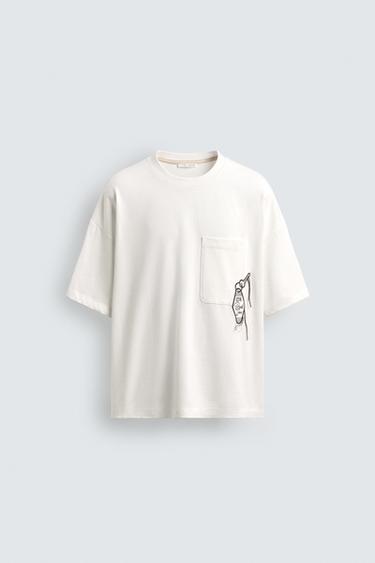 CAMISETA BOLSILLO BORDADOS - Blanco roto de Zara