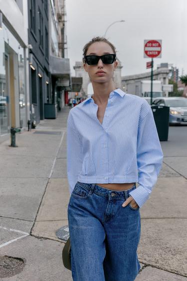 PLEATED WAIST STRIPED CROPPED OXFORD SHIRT - Ecru / Blue by Zara - Image 1
