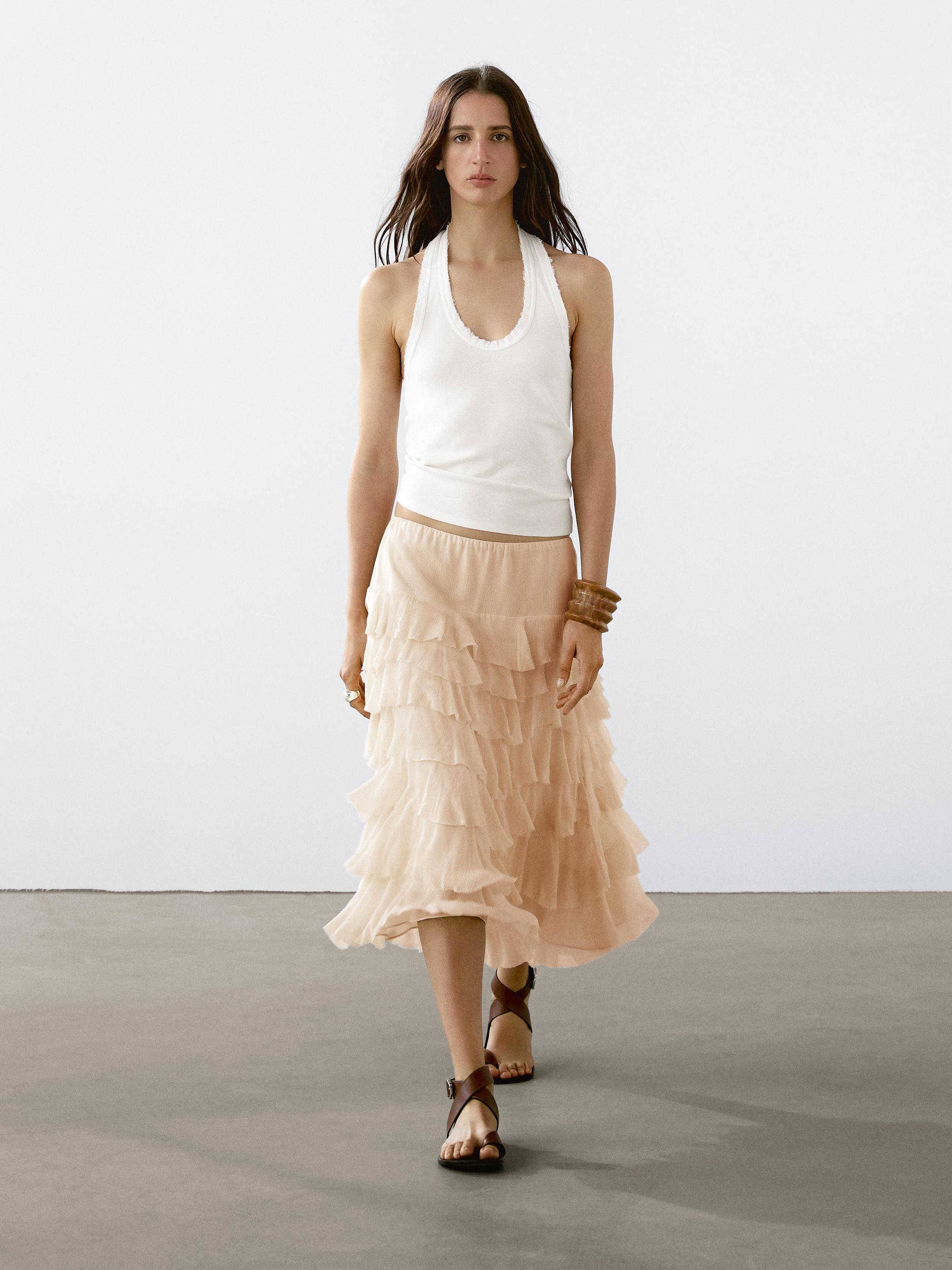 Asymmetrical Halter Neck Top with Side Ruffle Detail