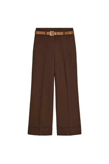 TROUSERS WITH TURN-UP CUFFS AND BELT - Brown by Zara