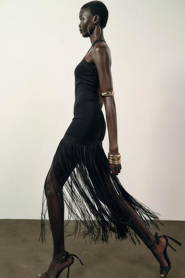 STRETCH LONG DRESS WITH FRINGING - Black by Zara - Image 4
