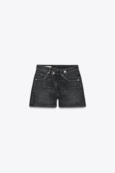 Zara ASYMMETRIC WAIST DENIM SHORTS - Black