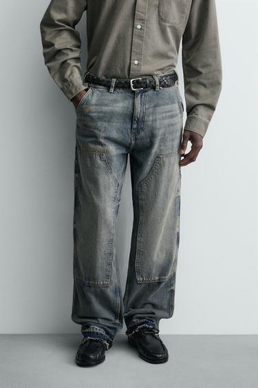 Zara WASHED CARPENTER POCKET JEANS - Blue / Green