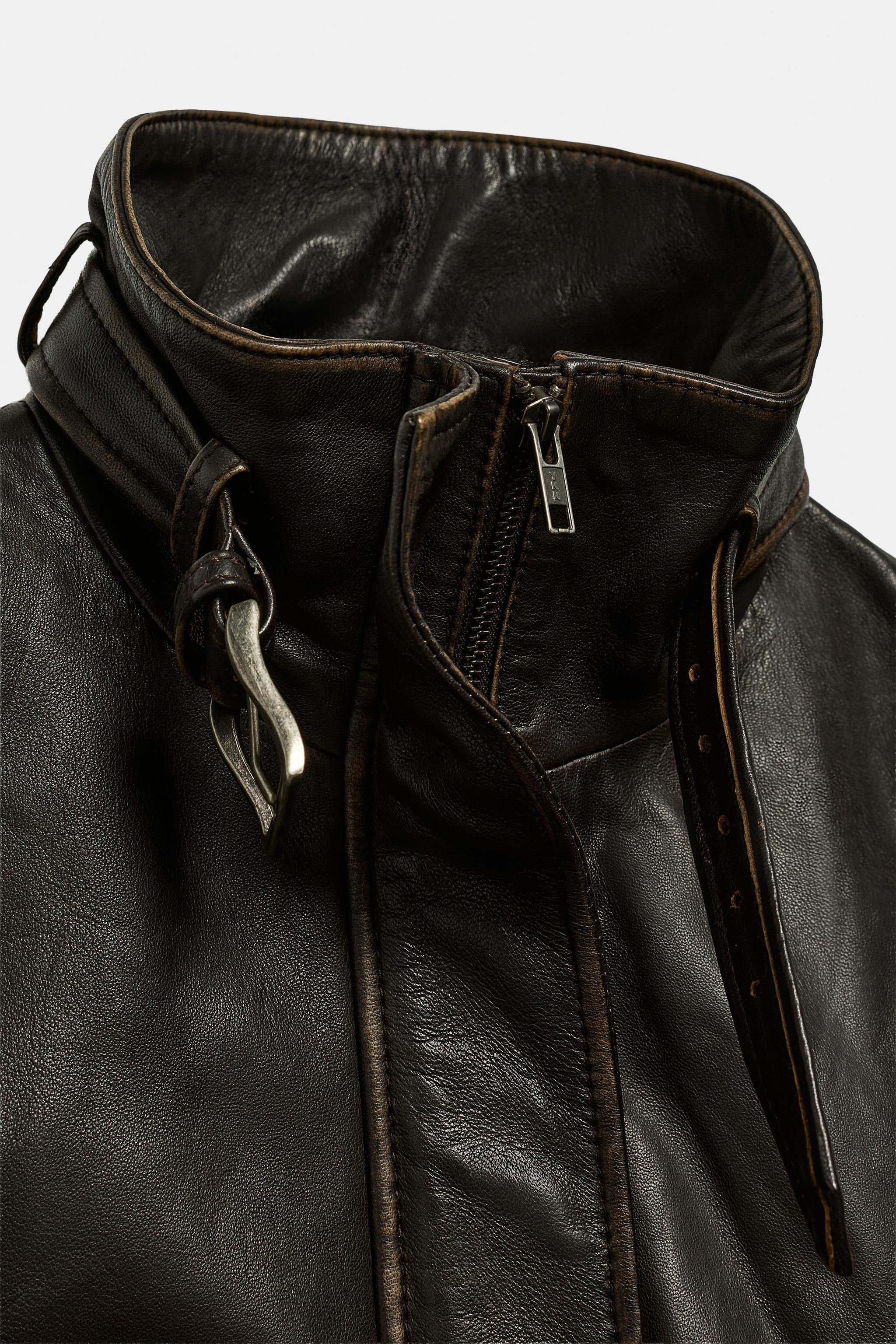 ダメージ加工リアルレザージャケット - ダークブラウン | ZARA Japan